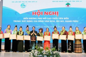 山罗省妇联会代表向模范年长妇女颁发奖状。（图：越通社）