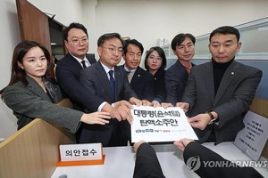 12月4日，在首尔国会大楼，六大在野党籍议员共同提交关于弹劾总统尹锡悦的议案。（图：韩联社）