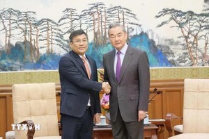 越南外交部常务副部长阮明宇礼节性拜会中共中央政治局委员、中央外事工作委员会办公室主任、外交部部长王毅。（图：越通社）