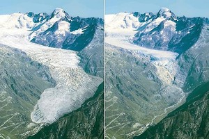 阿尔卑斯山规模最大的大阿莱奇冰川(Great Aletsch Glacier)地貌的显着变化。（图：推特）
