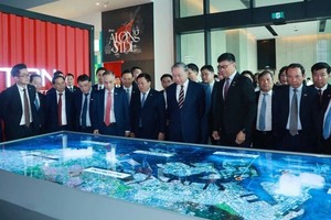 苏林总书记参观巴西班让港模型。（图：越通社）