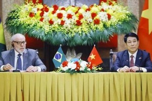 国家主席梁强与巴西总统卢拉共同会见记者。（图：越通社）