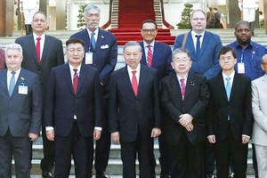 党中央总书记苏林同各国代表团团长合影。（图：越通社）