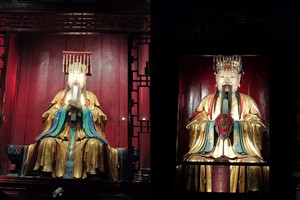 从左至右，从上至下：刘备、关羽、张飞、诸葛亮神像