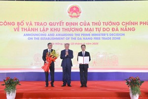 政府常务副总理阮和平向岘港市领导颁发岘港自由贸易区成立《决定》。（图：国俊）