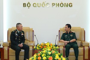 国防部长潘文江大将接见泰国军队最高司令颂威大将。（图：孟雄）