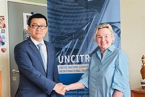 越南常驻维也纳联合国和其他国际组织代表武黎蔡黄大使与联合国国际贸易法委员会秘书长安娜·朱宾-布雷特。（图：越通社）