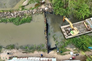 西宁省新兴乡正在加固防洪堤坝以防洪。