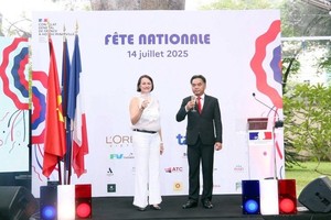 市人委会副主席阮禄河（右）与法国驻本市总领事艾曼纽·帕维永-格罗塞尔一同举杯庆祝法国国庆。（图：越通社）
