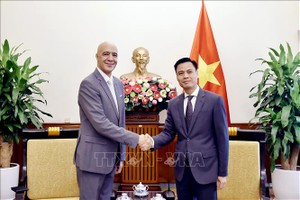 外交部副部长邓黄江（右）与摩洛哥王国驻越南大使贾马勒·舒艾比握手合影。（图：越通社）