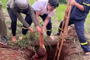 Cảnh sát PCCC&CNCH Công an tỉnh Đồng Nai phối hợp cứu nạn 1 người dân bị lọt hố sâu khi đi làm rẫy. Ảnh cắt từ clip