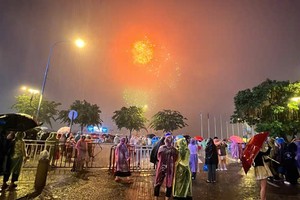人潮“冒着雨”观看烟花。