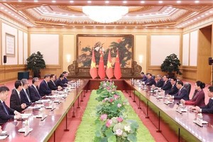 越南国家主席梁强与中共中央总书记、国家主席习近平举行会谈。图自越通社
