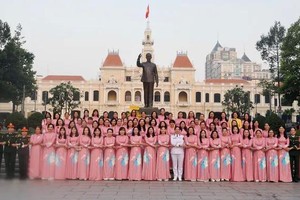 代表团在胡志明主席雕像前合影留念。