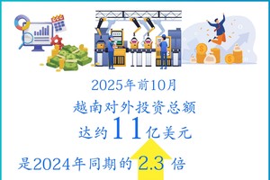 2025年前10月越南对外投资总额达约11亿美元
