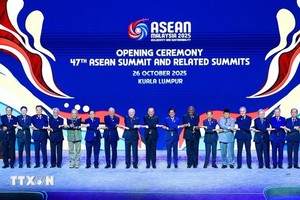 越南政府总理范明政与各代表团团长在第47届东盟峰会开幕式上合影。图自越通社 