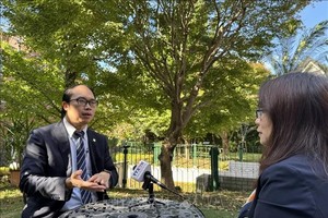 日本越南人联合会主席主席阮鸿山博士接受记者采访。 