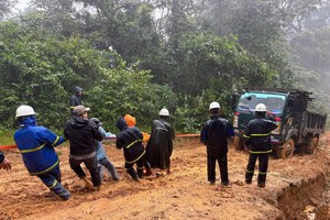 广治电力公司工人们正在克服各种困难，努力在12月15日之前恢复偏远村庄的电力供应。图自越通社 