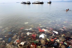 Plastic waste seen submerged in water during an event to clear garbage from Lampung bay in the Sukaraja village in the Bumi Waras subdistrict of Bandar Lampung on February 21, 2019 (Source: AFP)
