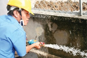 A worker of Saigon Water Corporation examines water quality at a water meter (Photo: SGGP)
