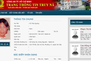 Thông tin Vũ Thái Quảng trên cổng thông tin Công an TPHCM. Ảnh: ĐAN NGUYÊN