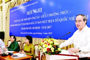 Bí thư Thành ủy TPHCM Nguyễn Thiện Nhân phát biểu tại Hội nghị Sơ kết quy chế phối hợp. Ảnh: VIỆT DŨNG