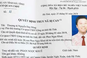 Quyết định truy nã bị can. Ảnh Công an Hà Tĩnh cung cấp