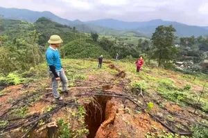 Hiện trường ngọn đồi xuất hiện vết nứt, sụt lún ở thôn Quyết Thắng, xã Sơn Kim 2 