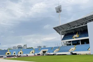 Miếng ván bảo vệ mặt cỏ đã được lắp. Ảnh: MINH ĐỨC