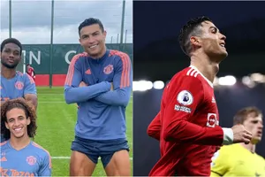 Cristiano Ronaldo chia sẻ hình ảnh trên sân tập cùng các cầu thủ trẻ.