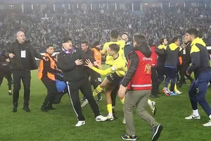 Quang cảnh hỗn loạn khi cầu thủ Fenerbahce bị người hâm mộ Trabzonspor lao vào sân tấn công.