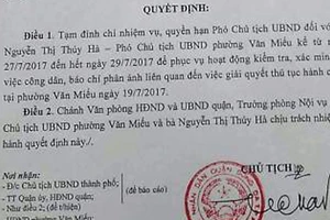 Nội dung công văn tạm đình chỉ nhiệm vụ với Phó Chủ tịch phường Văn Miếu