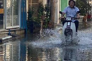 Triều cường sáng mùng 3 Tết làm ngập một con hẻm ven đường Lý Tự Trọng