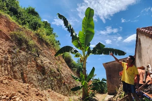 Ông Phan Ngọc Thành (thôn Hà Cát, xã Đức Lạng, huyện Đức Thọ, Hà Tĩnh) lo lắng sạt lở núi ngay sau nhà