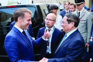 Thủ tướng Phạm Minh Chính hội kiến Tổng thống Pháp Emmanuel Macron. Ảnh: TTXVN