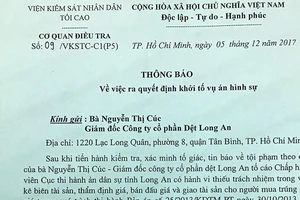 Khởi tố vụ sai phạm trong thi hành án tại Dệt Long An