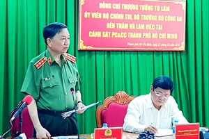 Thượng tướng Tô Lâm, Ủy viên Bộ Chính trị, Bộ trưởng Bộ Công an phát biểu chỉ đạo tại buổi làm việc 