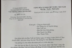 Công văn phản hồi về việc chương trình "Sao doanh nhân Việt Nam" giả mạo giấy tờ của Văn phòng UBND TP.HCM. Ảnh: Tuoitre