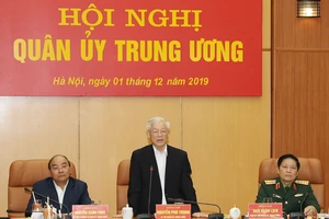 Tổng Bí thư, Chủ tịch nước Nguyễn Phú Trọng, Bí thư Quân ủy Trung ương, phát biểu chỉ đạo hội nghị. Ảnh: TTXVN