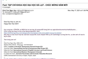 Một đầu nậu giả danh Tạp chí khoa học Đà Lạt để mời gọi đăng bài trên các tạp chí khoa học ISI/Scopus