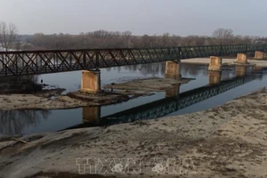 Mực nước sông Po xuống thấp nghiêm trọng do hạn hán kéo dài tại Linaroro, Italy. Ảnh: AFP/TTXVN