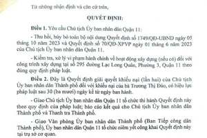 UBND quận 11 phải hủy quyết định xử phạt vi phạm hành chính vì sai thủ tục ban hành