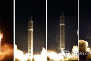 North Korea launches its new intercontinental ballistic missile on Nov. 29, 2017, in these photos released by its state media and shown to the outside world a day later. (For Use Only in the Republic of Korea. No Redistribution) (Yonhap)