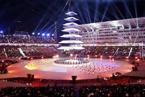 A tower is illuminated at the Pyeongchang Olympic Stadium during the closing ceremony of the Winter Olympics in South Korea on Sunday. — Kyodo Photo
