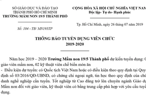 Trường Mầm non 19/5 Thành phố thông báo tuyển dụng viên chức 2019-2020