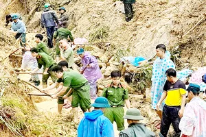 Lực lượng chức năng tổ chức tìm kiếm nạn nhân mất tích trong vụ sạt lở tại Bắc Trà My. Ảnh: NGỌC PHÚC