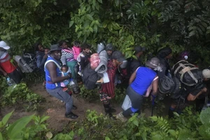 Người di cư băng qua rừng Darien Gap gần Choco (Colombia) để vào Panama. Ảnh: AFP/TTXVN