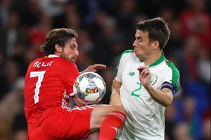 Joe Allen (trái, Xứ Wales) và Seamus Coleman (CH Ailen)