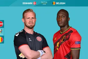 Thủ thành Đan Mạch Schmeichel và tiền đạo Bỉ Romelu Lukaku