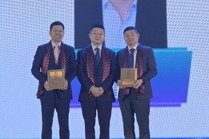 中国驻胡志明市总领事唐立向会长章林和监事长杨文彬授牌。